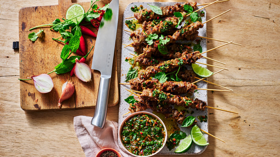 Lemongrass beef skewers with Vietnamese style chimichurri